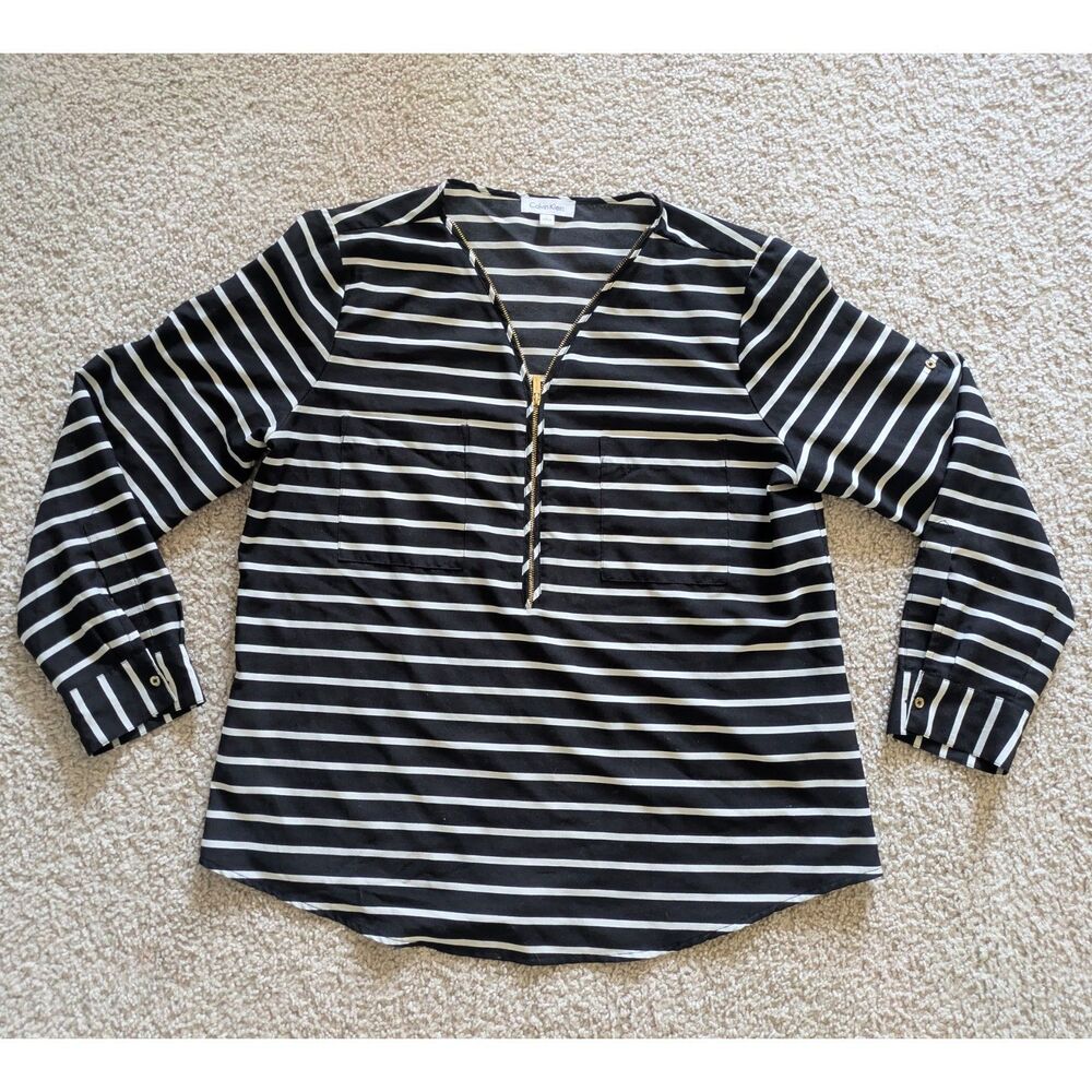 Calvin Klein Flowy Black and White Striped Roll Up Long Sleeve Top Sz L
